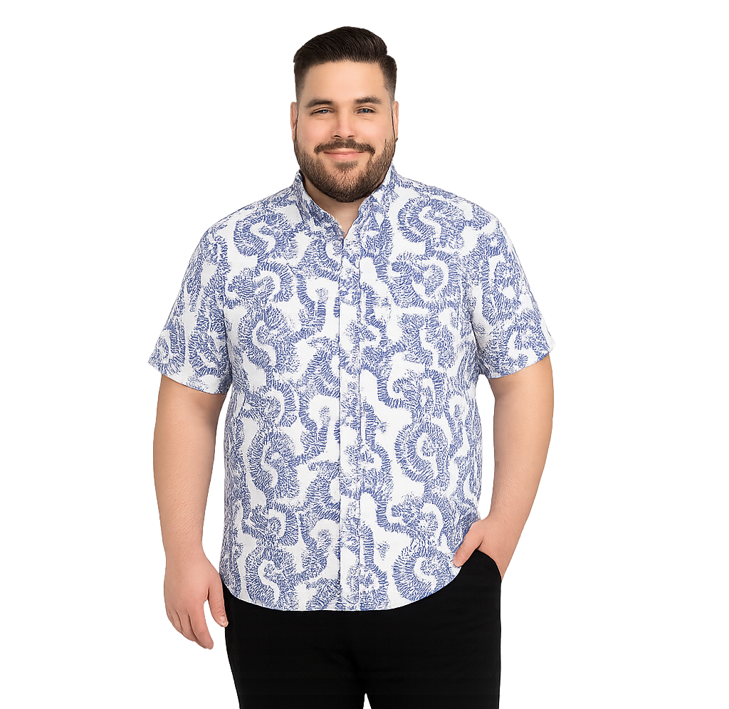 Camisa guayabera m/c estampada 579 diseño azul marino Tallas grandes | MASX Chile