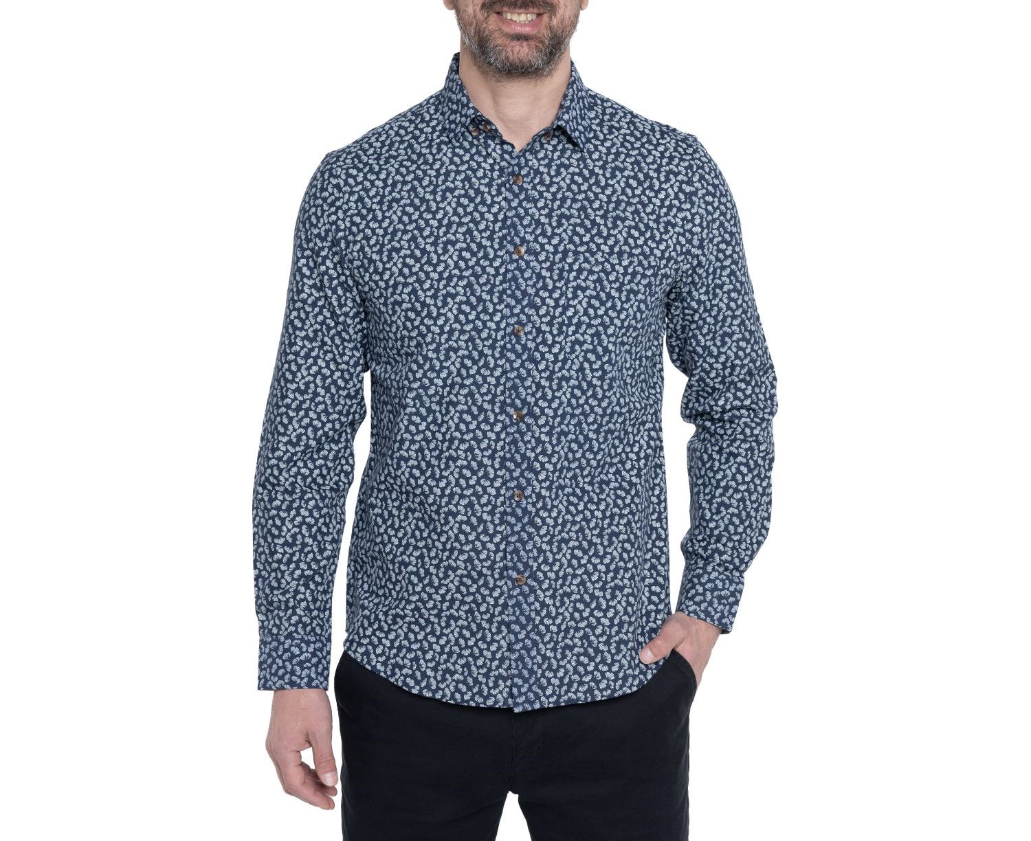 Camisa manga larga fantasía estampada slim fit diseño azul claro denim Tallas grandes | MASX Chile