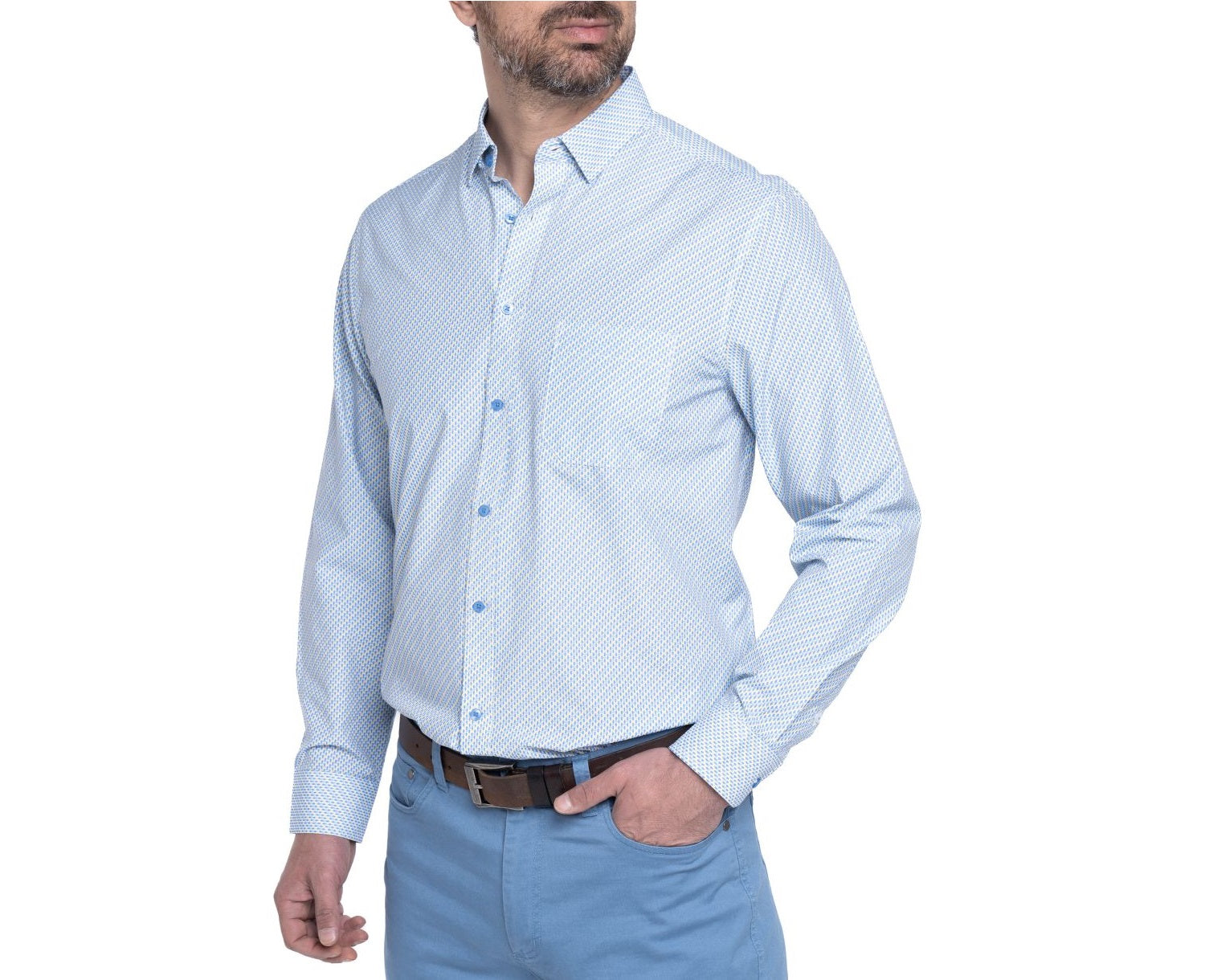 Camisa manga larga fantasía estampada slim fit diseño azul piedra Tallas grandes | MASX Chile