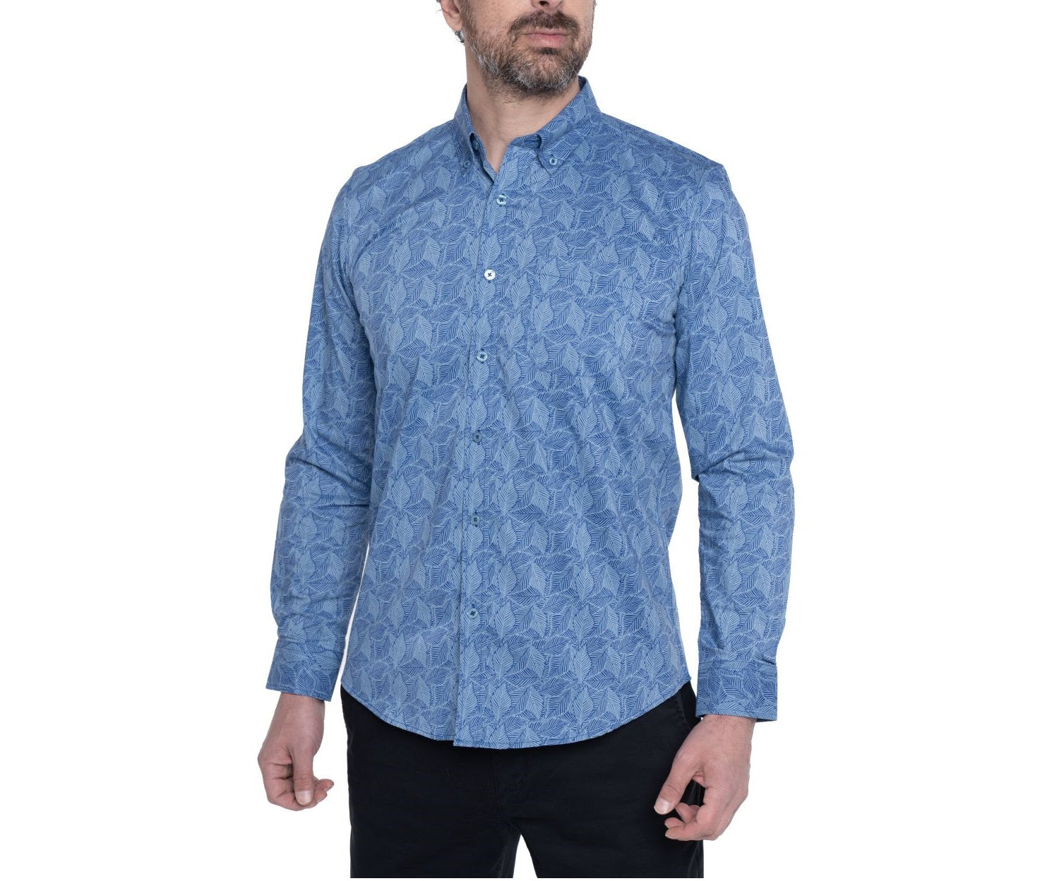 Camisa sport estampada manga larga spandex 584 azul Tallas grandes | MASX Chile