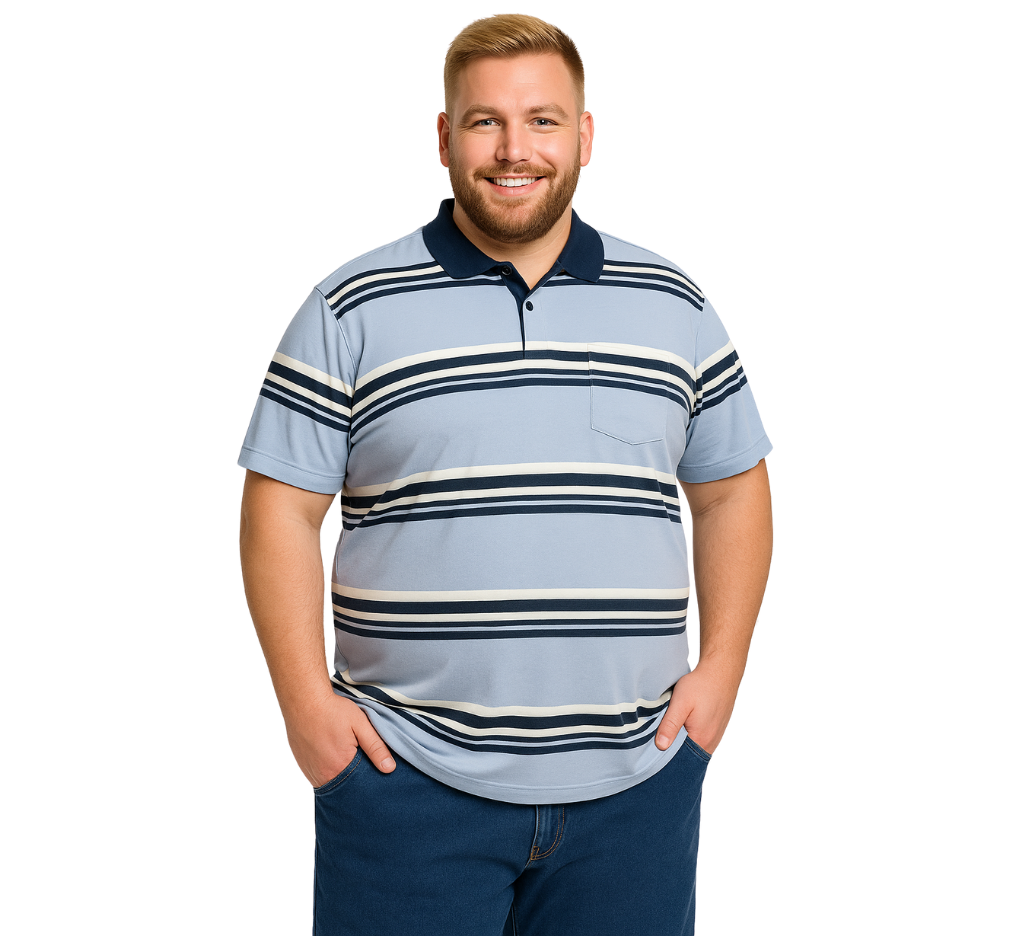 Hombre con polera polo celeste rayada talla grande – MASX Chile, moda para hombres de contextura grande.