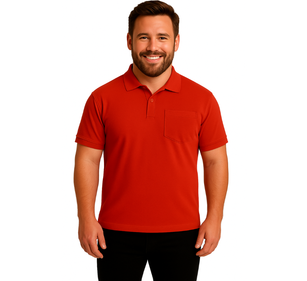 Hombre con polera polo roja MASX en talla grande – algodón y poliéster
