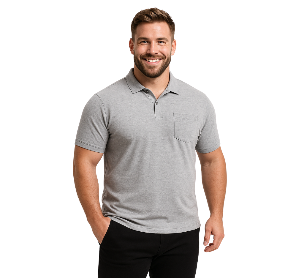 Hombre usando polera polo piqué gris lisa talla grande – ropa masculina cómoda y moderna MASX.