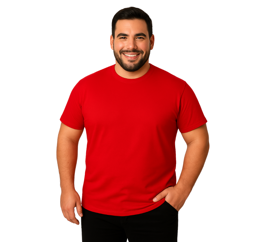Hombre usando polera roja talla grande 100% algodón de MASX Chile