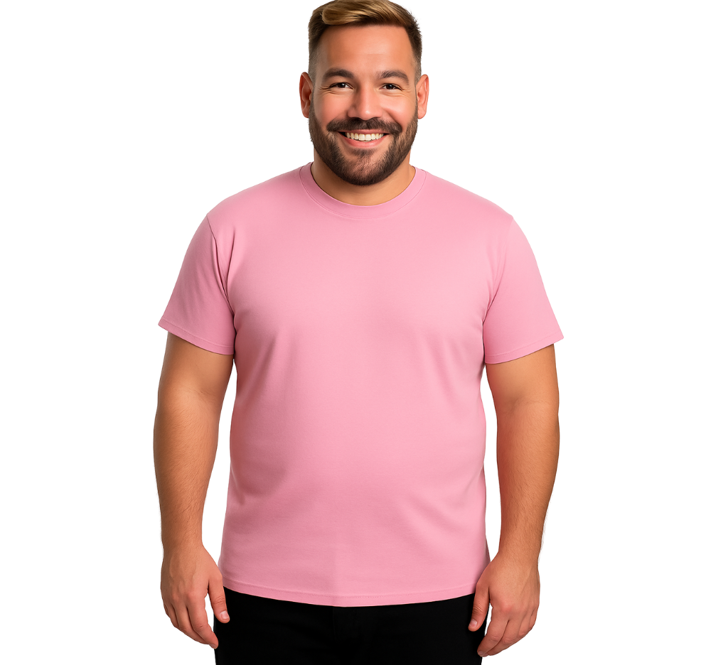 Hombre usando polera rosada talla grande 100% algodón de MASX Chile