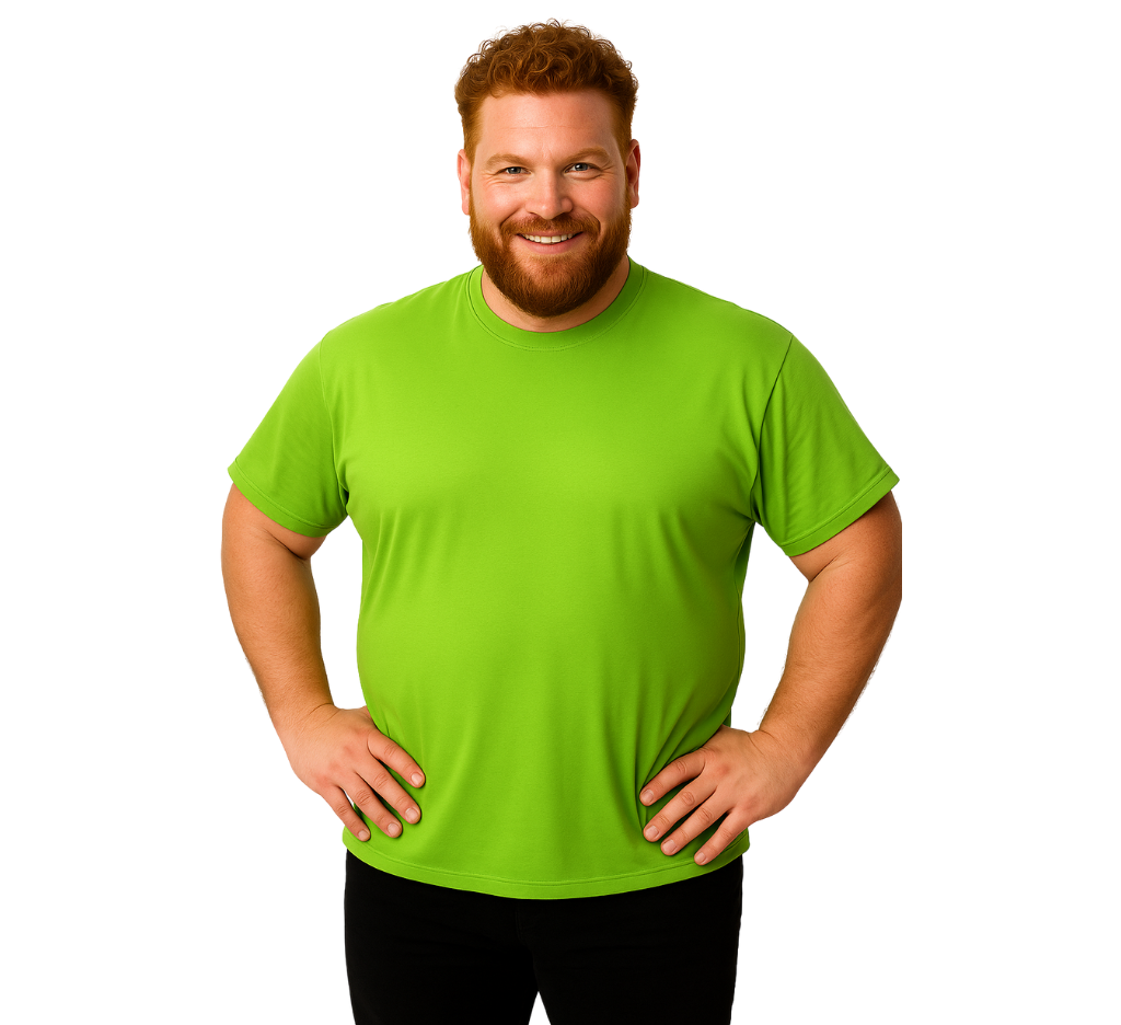 Hombre usando polera verde limón talla grande 100% algodón de MASX Chile