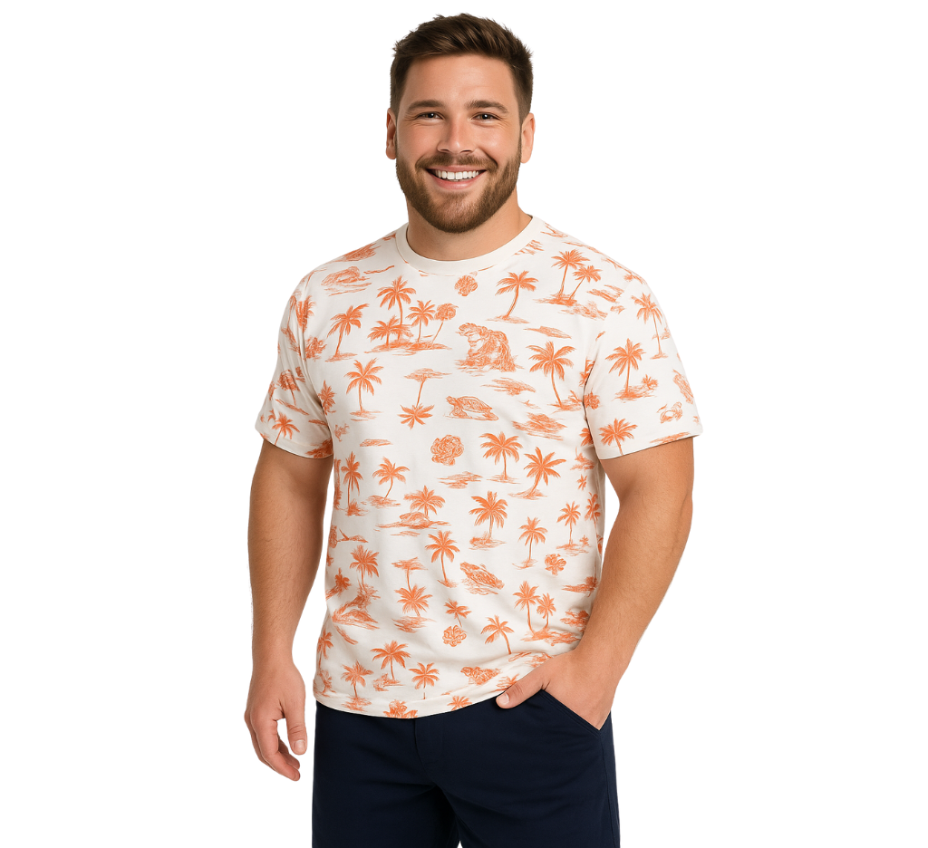 Hombre usando polera estampada tropical color crema y naranjo, talla grande MASX Chile.