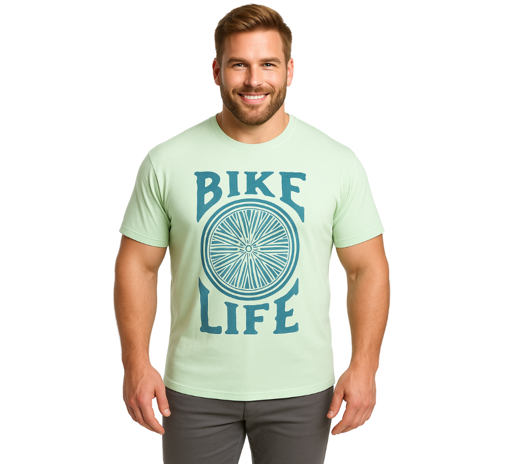 Hombre usando polera estampada “Bike Life” color verde manzana en talla grande MASX