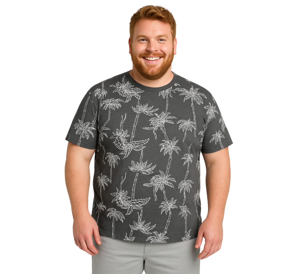 Hombre usando polera de palmeras en color melange oscuro. Polera estampada talla grande para hombre MASX.