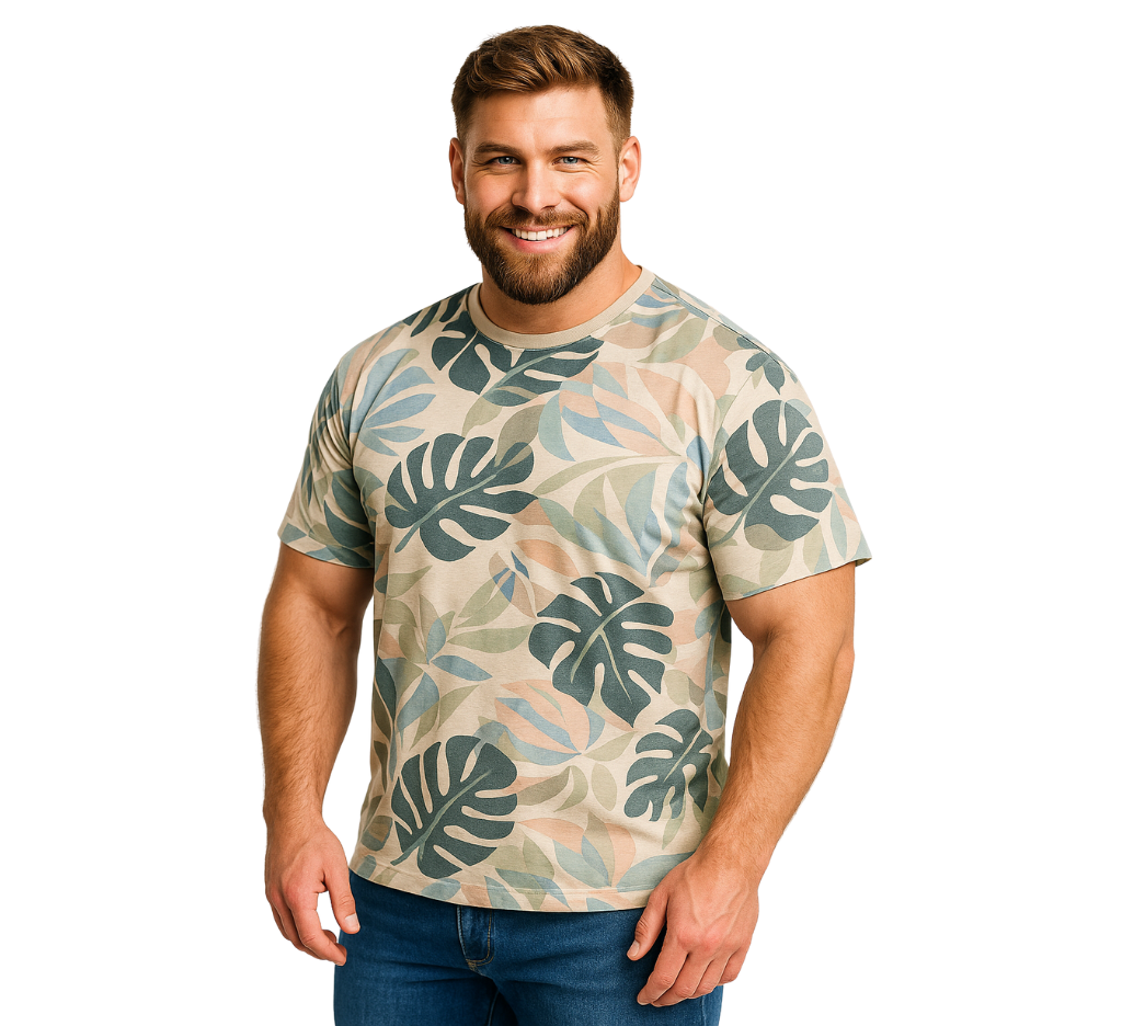 Hombre con polera estampada de hojas tropicales en tallas grandes. Diseño botánico, corte cómodo. MASX Chile.