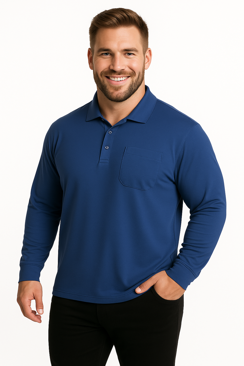 Polera manga larga jersey cuello camisero regular fit 075 azul francia Tallas grandes | MASX Chile