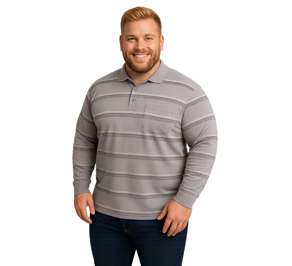 Polera manga larga piqué listada regular fit 502 diseño gris claro Tallas grandes | MASX Chile