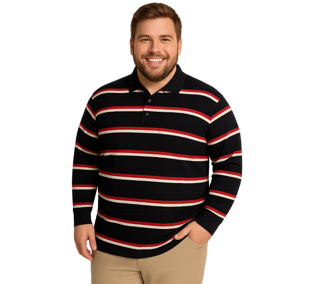 Polera manga larga piqué listada regular fit 509 negro Tallas grandes | MASX Chile