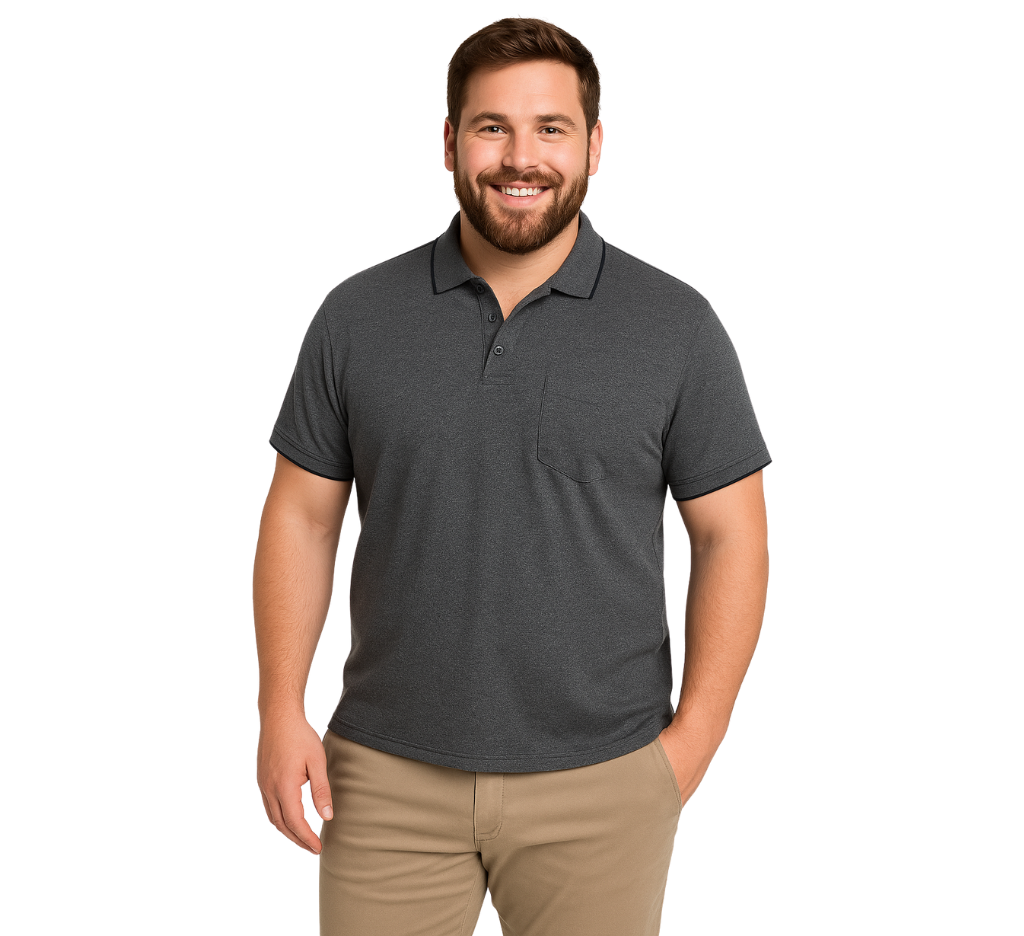 Hombre con polera piqué melange gris pizarra para tallas grandes – ropa cómoda para hombre en Chile.