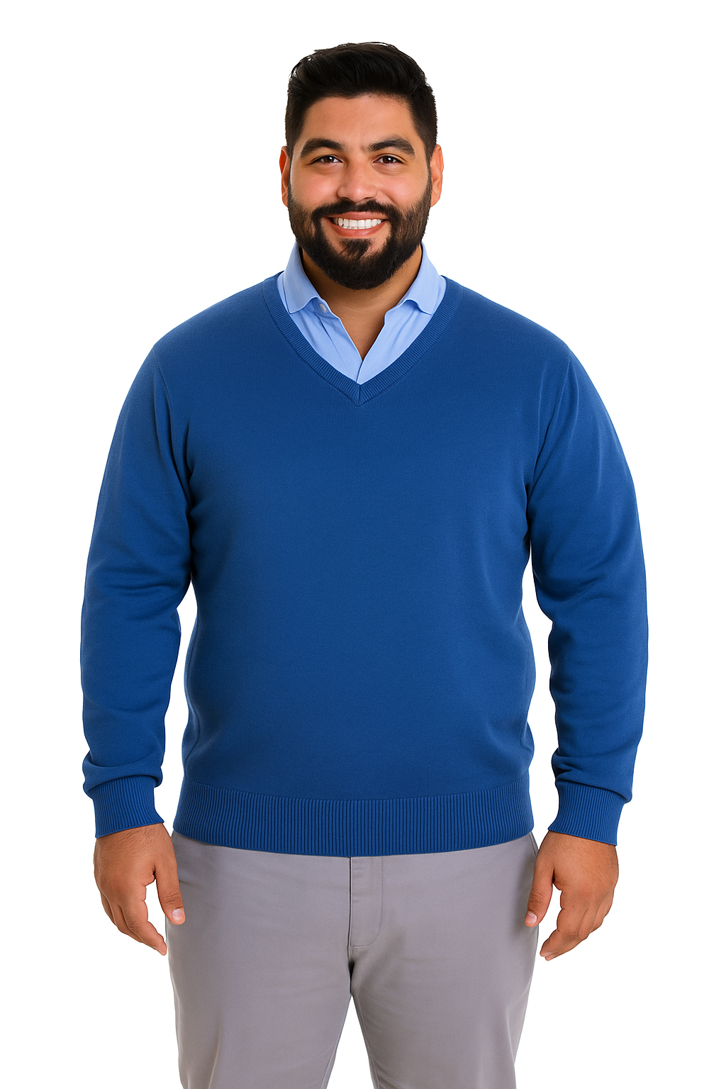 Sweater clásico azul p vela cuello v algodón Tallas grandes | MASX Chile