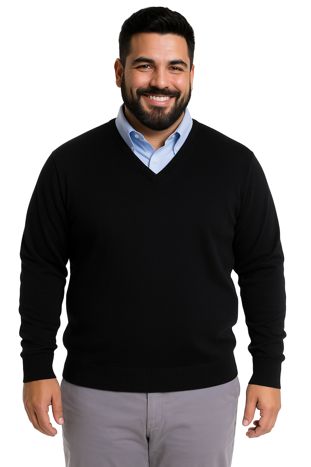 Sweater clásico negro cuello v algodón Tallas grandes | MASX Chile