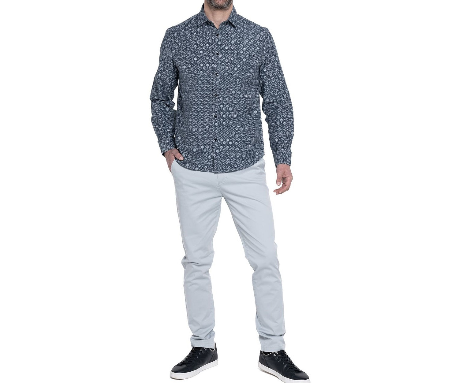 Camisa manga larga fantasía estampada regular fit diseño negro Tallas grandes | MASX Chile