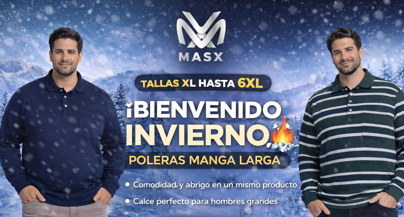 Banner MASX Chile: poleras manga larga para hombre tallas grandes XL a 6XL, promoción bienvenida al invierno