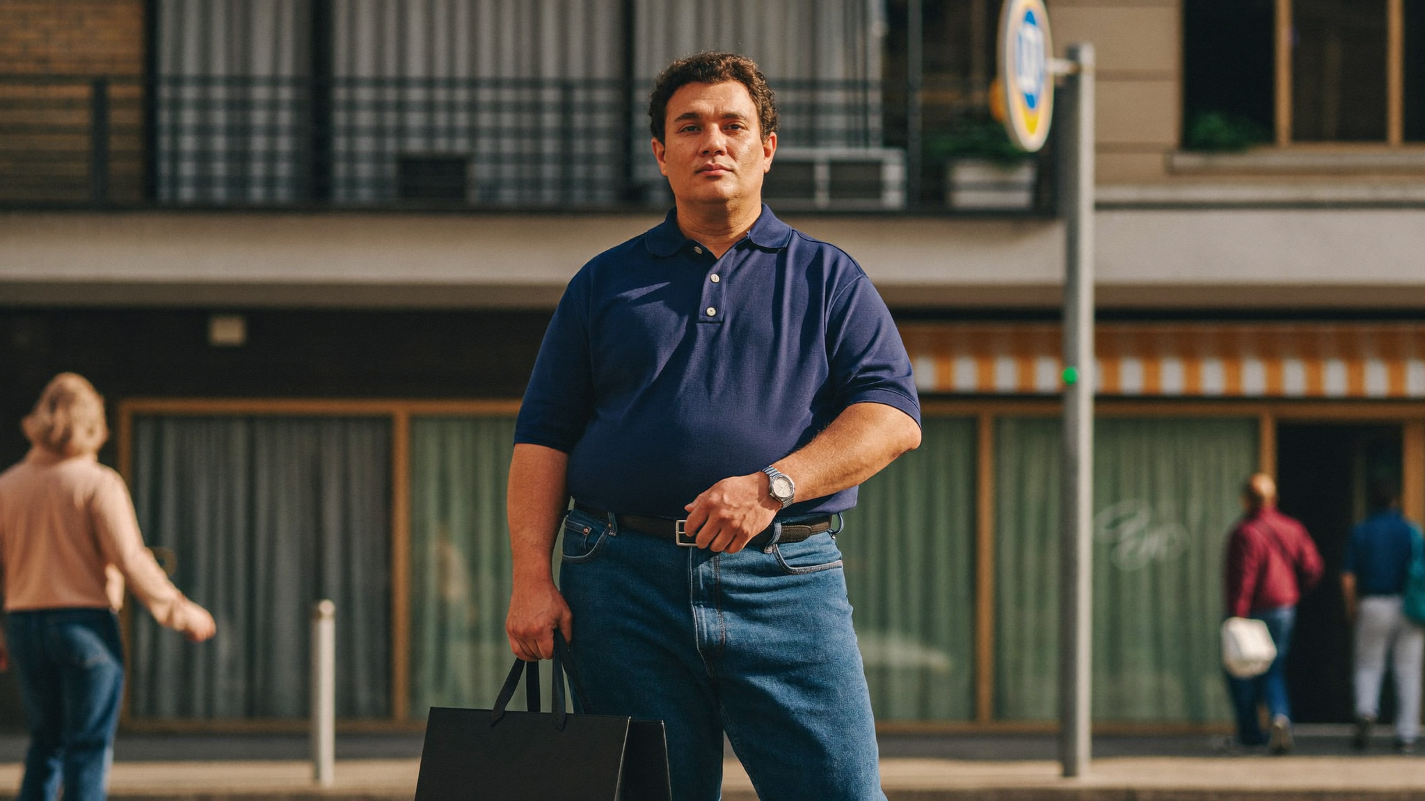 Hombre de talla grande con polera polo azul y jeans en una calle de Santiago, ropa tallas grandes hombre XL a 7XL de MASX Chile
