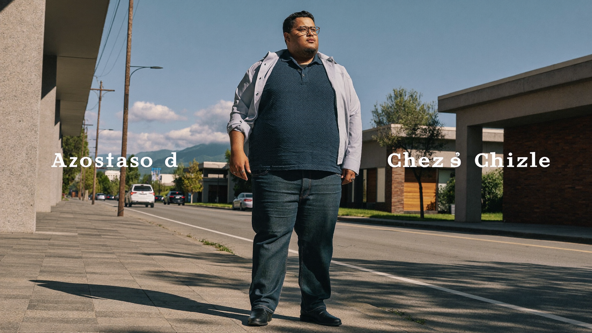 Hombre de talla grande vistiendo polera piqué azul marino y jeans de talla grande XL a 7XL en Santiago, guardarropa cápsula de MASX Chile