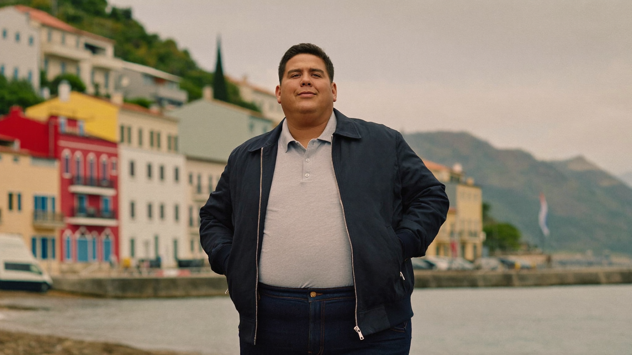Hombre de talla grande con casaca y jeans en el borde costero de Viña del Mar, ropa XL a 7XL de MASX Chile