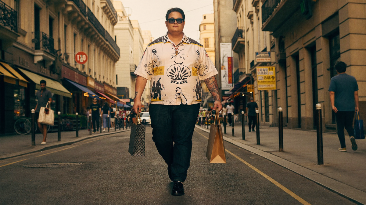Hombre de talla grande con camisa manga corta y jeans caminando por el centro de Santiago, ropa talla grande de MASX Chile