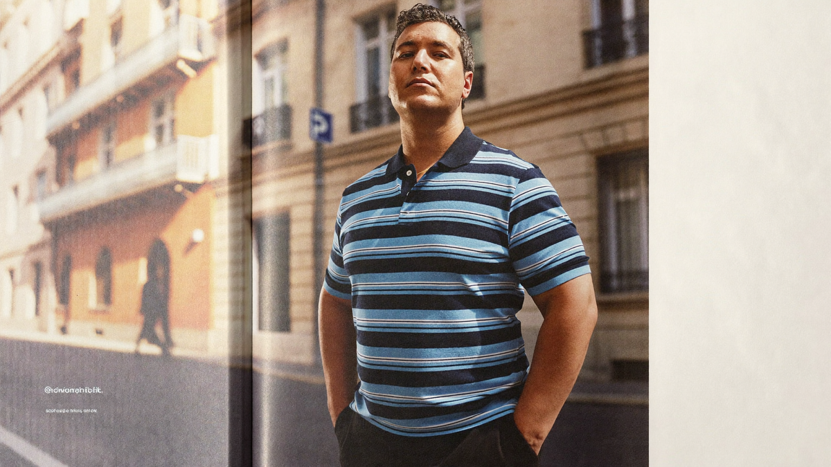 Hombre con talla grande usando camisa a rayas finas azul marino, estilo editorial MASX Chile, ropa tallas grandes hombre XL a 7XL