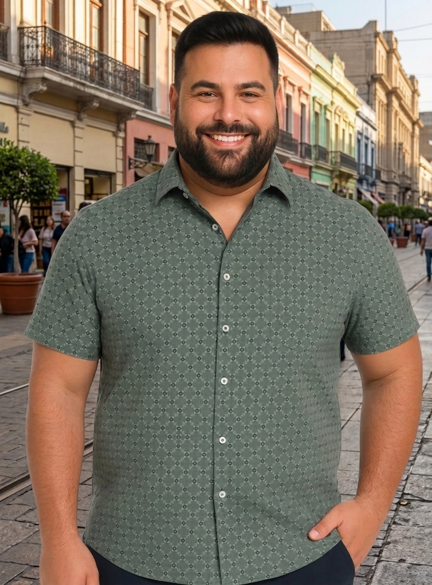 Camisa fantasía estampada manga corta verde musgo slim fit Tallas grandes | MASX Chile