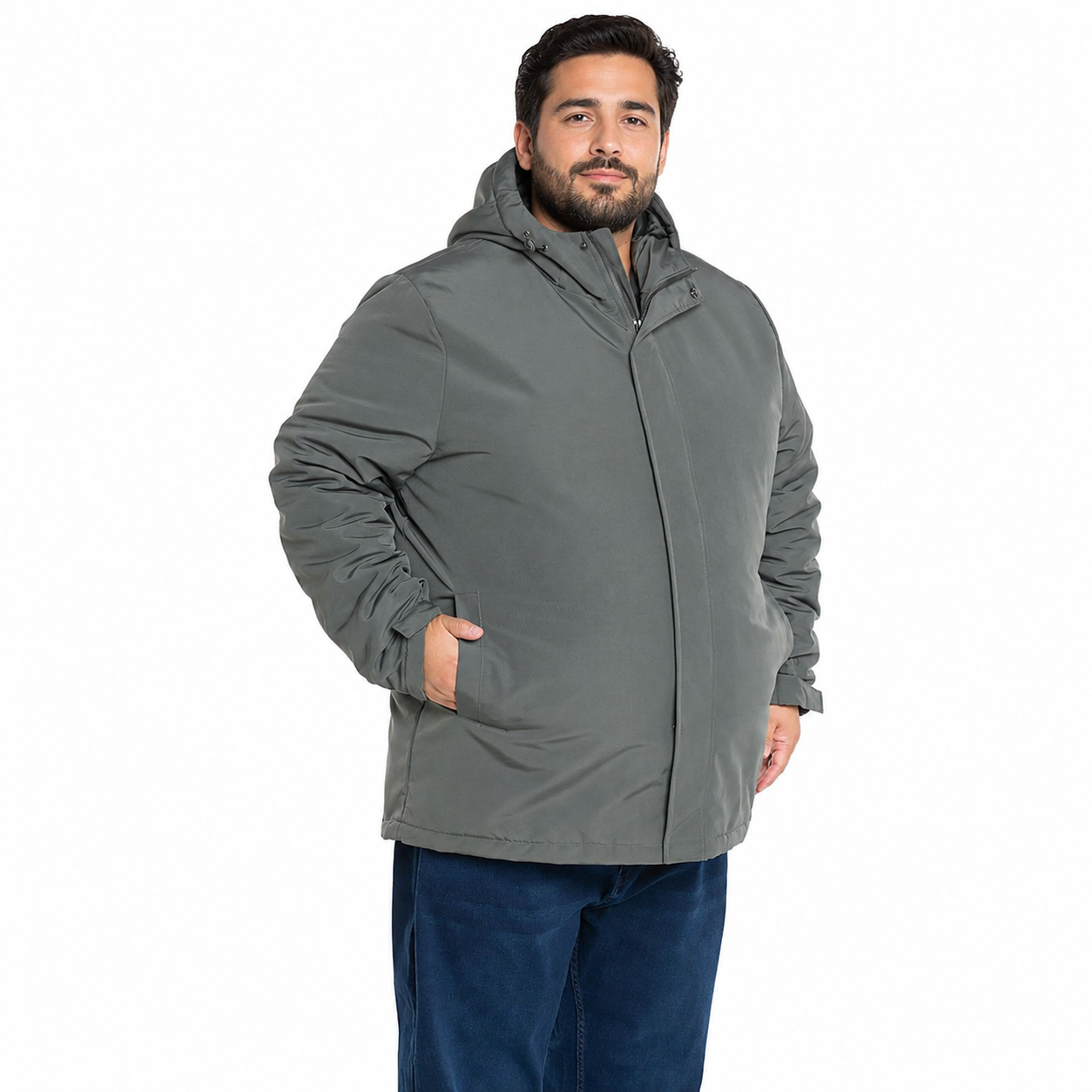 Chaqueta larga hombre talla grande oliva oscuro con capucha XL a 4XL
