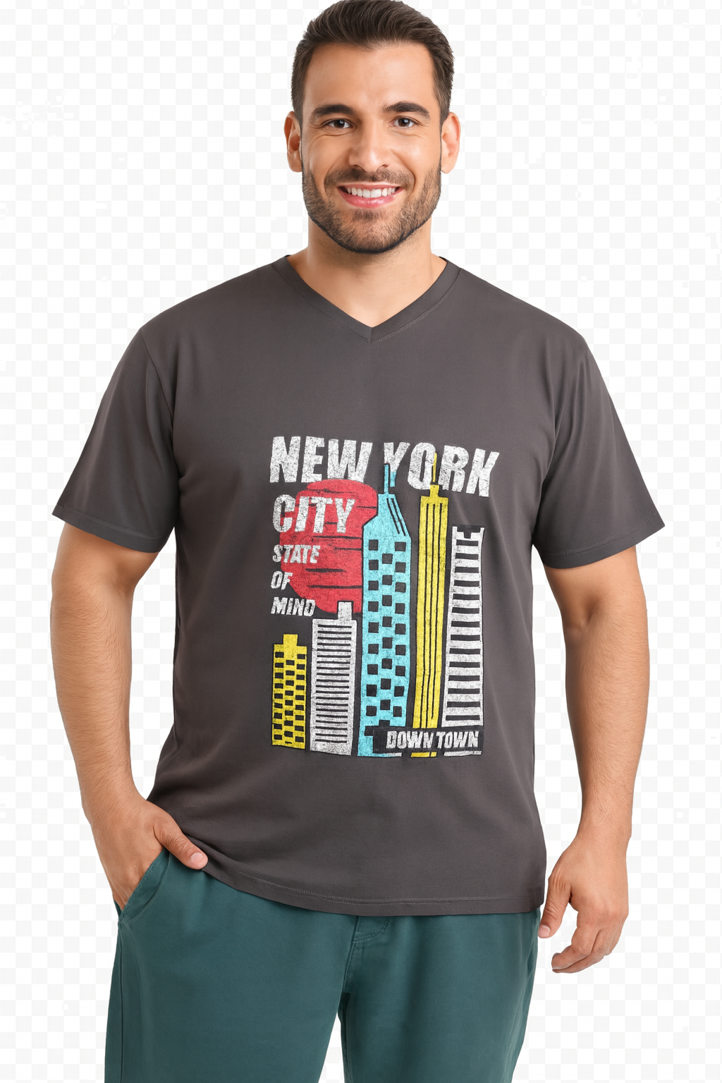 Polera estampada cuello v 005 pizarra  - Tallas Grandes