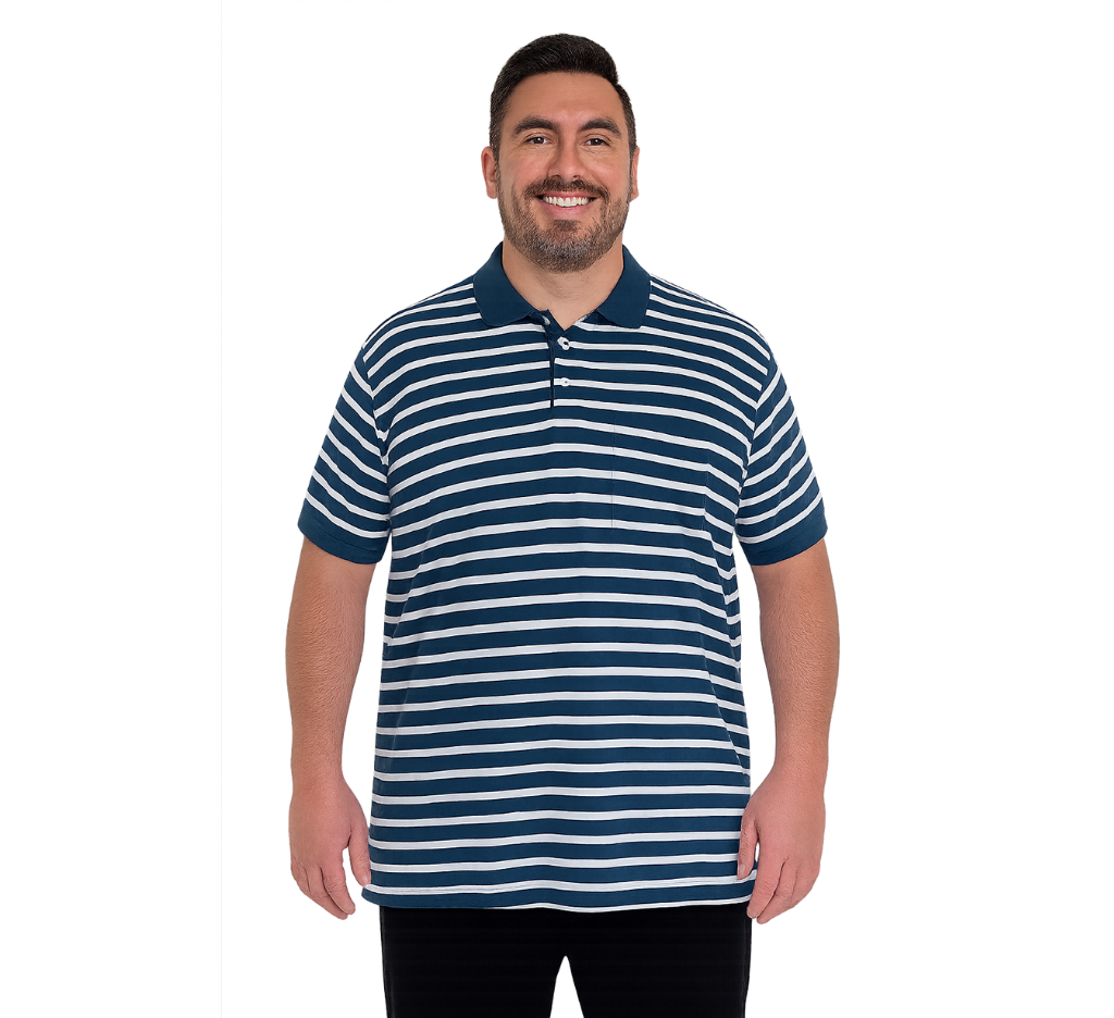 Polera listada cuello camisero 579 diseño azul marino Tallas grandes | MASX Chile