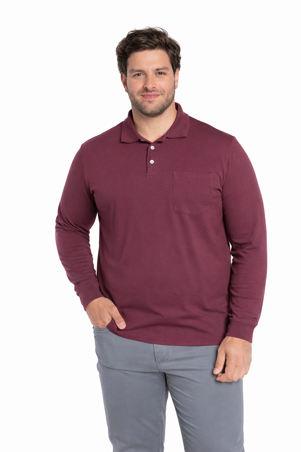 Polera manga larga jersey cuello camisero 057 vino  | MASX Chile
