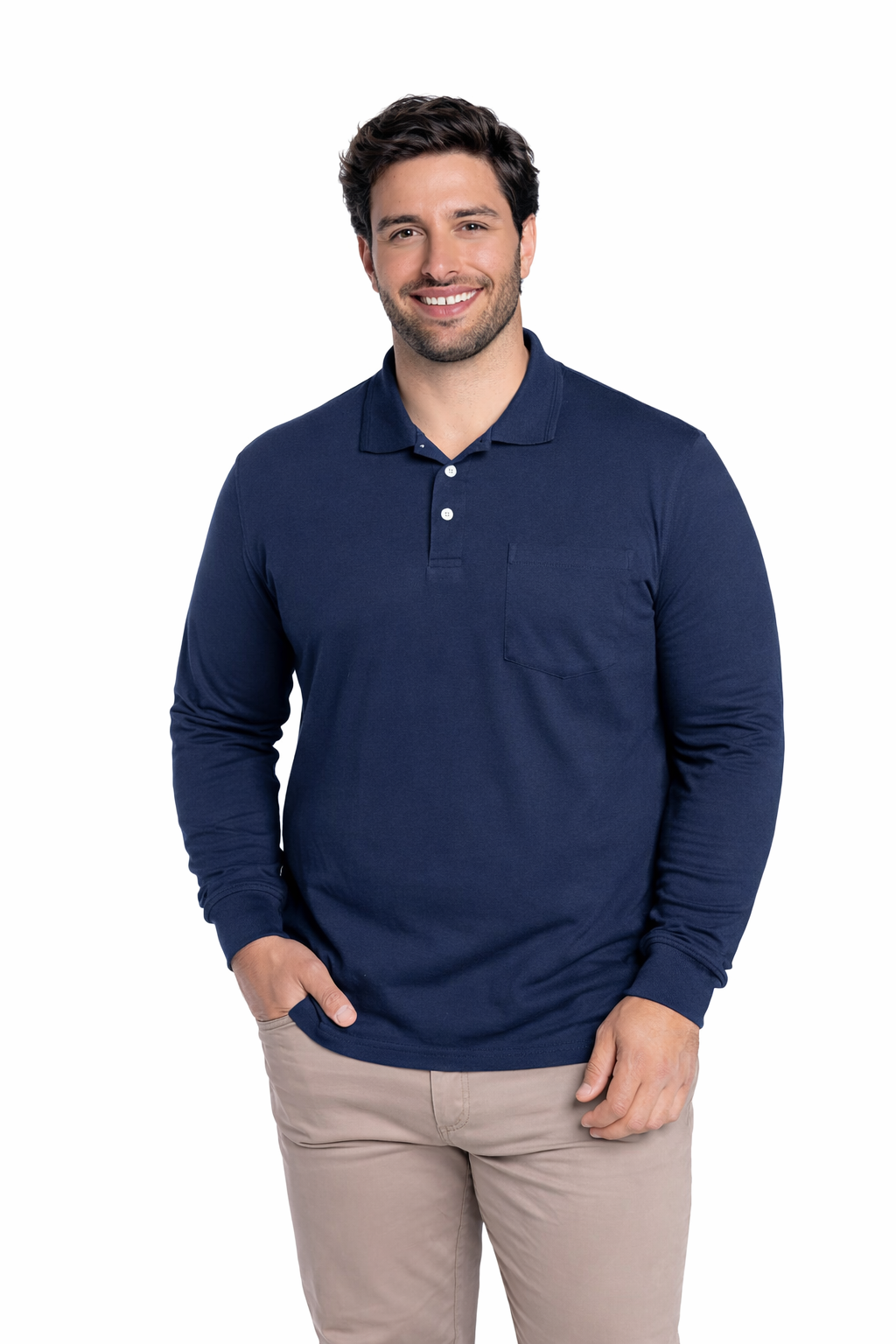 Polera manga larga jersey cuello camisero 079 azul marino  | MASX Chile