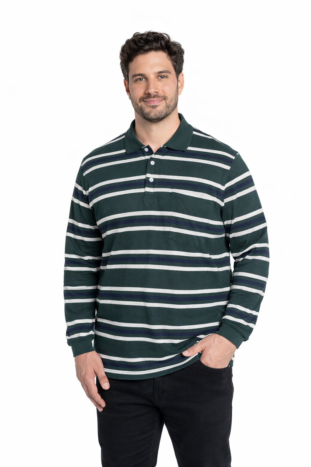 Polera manga larga piqué listada 513 diseño verde oscuro | MASX Chile