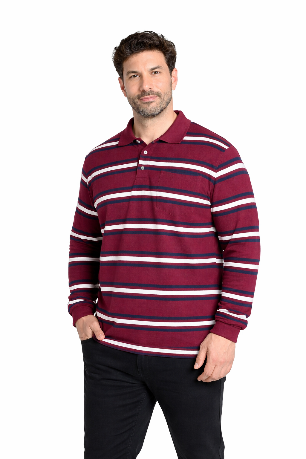 Polera manga larga piqué listada 556 diseño burdeo | MASX Chile