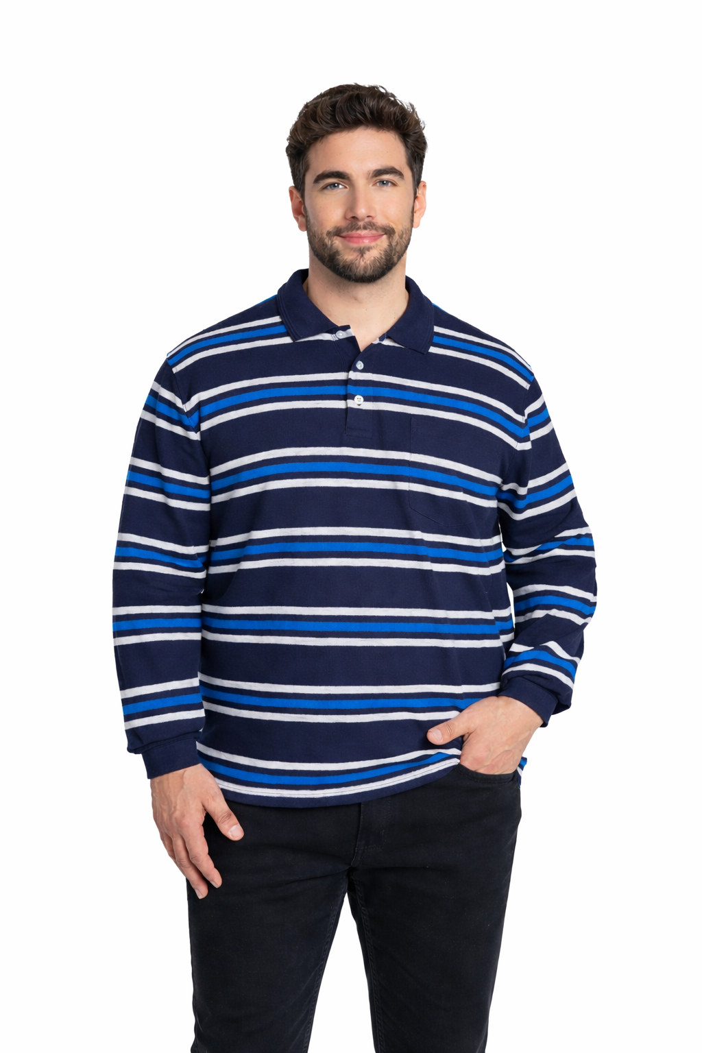 Polera manga larga piqué listada 579 diseño azul marino | MASX Chile