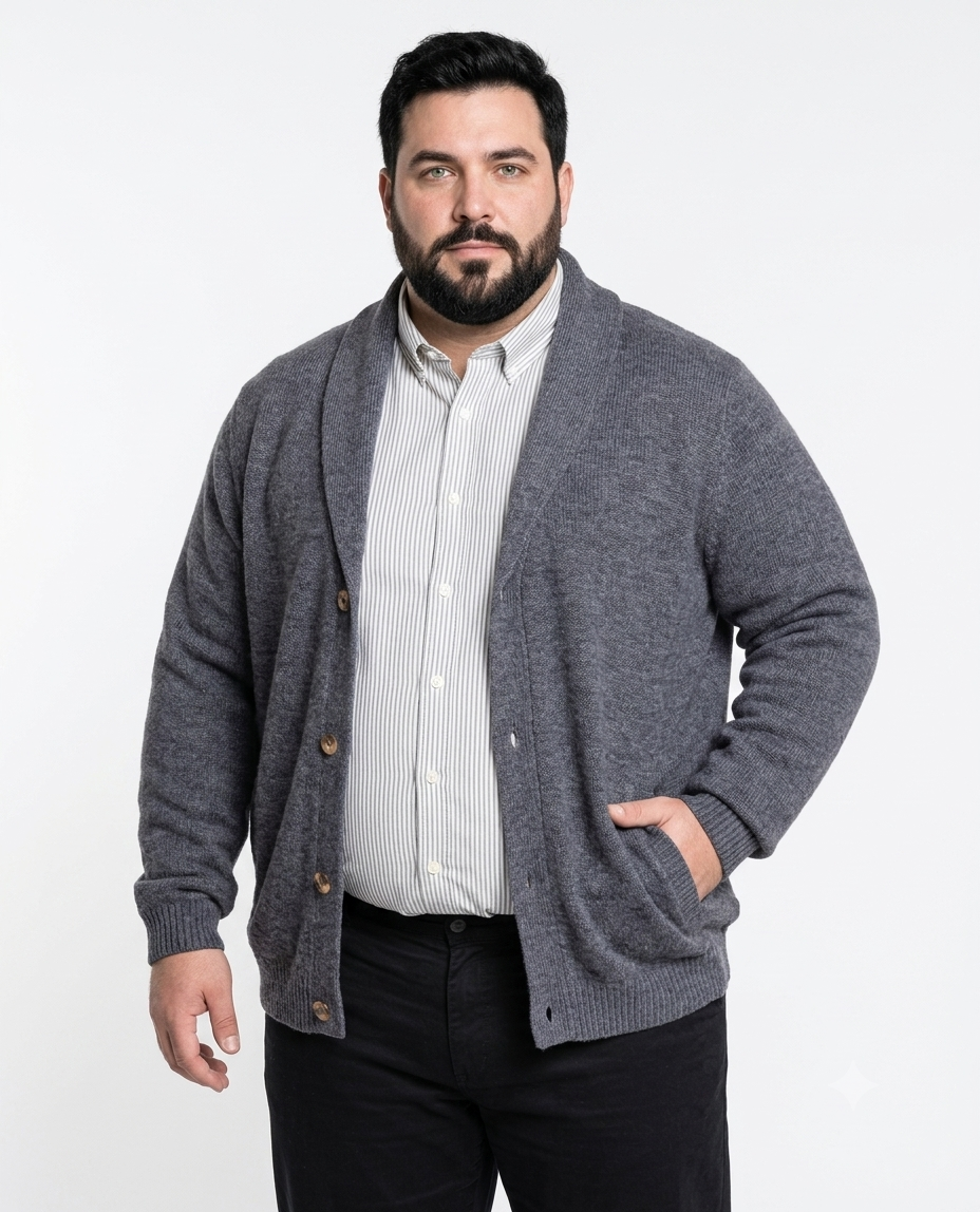 Sweater cardigan de hombre talla grande color negro, calce regular fit, tallas XL a 4XL - MASX Chile
