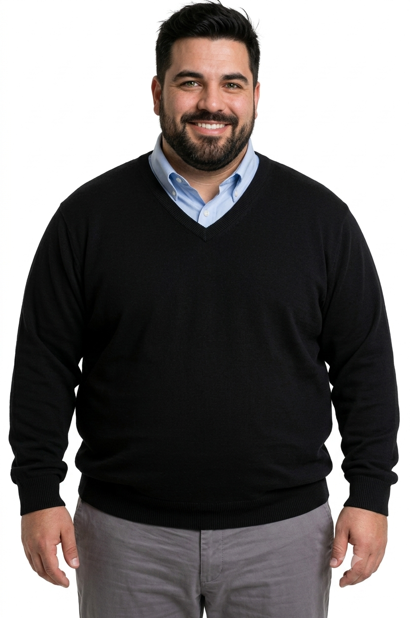 Sweater clásico negro cuello v algodón Tallas grandes | MASX Chile