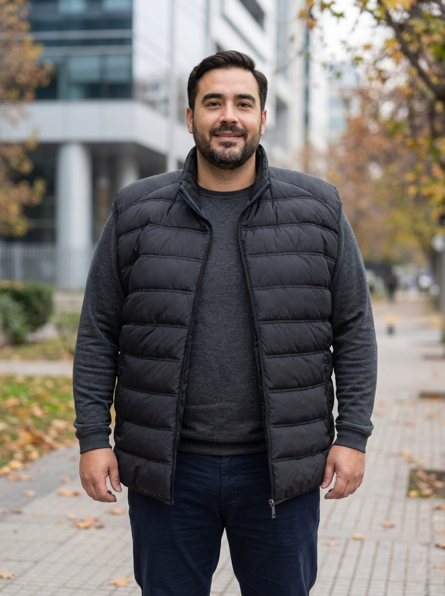 Hombre usando parka bloques sin mangas negra MASX Chile en tallas grandes