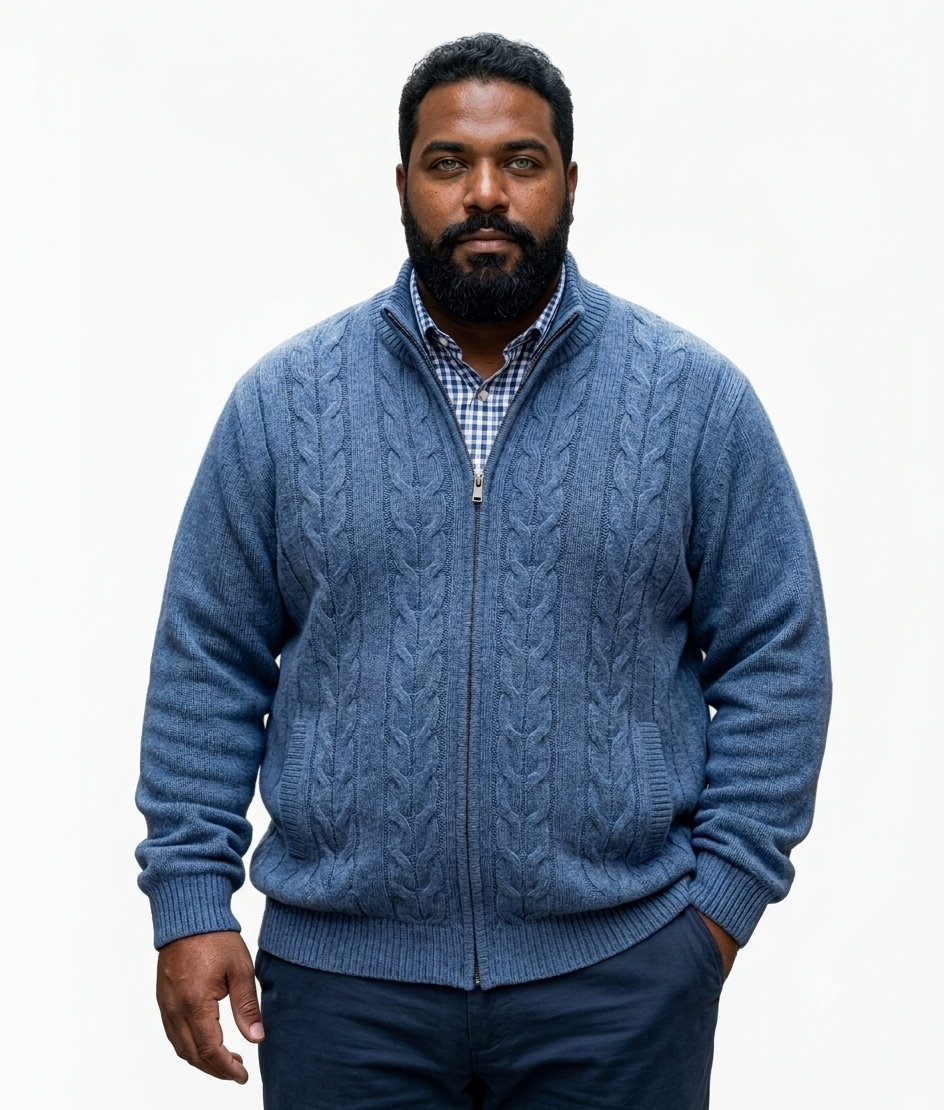 Sweater cierre completo hombre talla grande XL 2XL 3XL 4XL Chile — MASX" (varía levemente en cada foto: vista frontal, detalle trenzado, detalle cierre