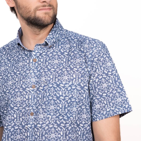 Camisa guayabera m/c estampada 580 azul melange - Imagen 3